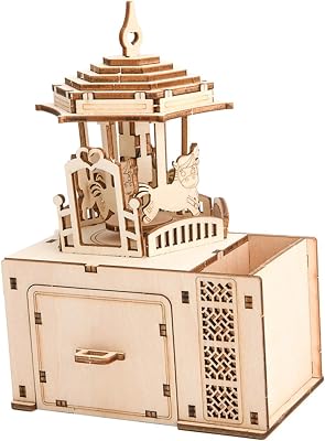 JITAZHIJIA Handmade Music Box Assembled Building Blocks Amusement Park Hand-cranked Carousel Music Box Birthday Gift Music Boxes for Adults
