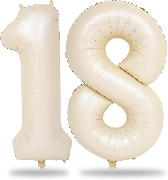 Lingqiang Beige Number 18 Birthday Balloons, 40 Inch Large Cream Foil Number 1 & 8 Balloons 18 Year Old Boys Girls, White Sand Boho 18th 81st Birthday Balloons Women Men Anniversary Party Decors