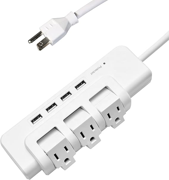 Power Strip Surge Protector with 6 ft Long Extension Cord Rotating Outlets Mountable Swivel Power 3 AC Outlets+4 USB Ports, 1020J 15A 1875W,for Home, Office, Room
