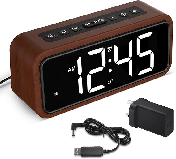 Netzu Loud Alarm Clocks Bedside, Wooden Alarm Clock with 12 Alarm Sounds, 5 Volumes, 5 Brightness, LED Display, Snooze, Manual DST, Loud Alarm Clocks for Bedroom Living Room, Mains Powered