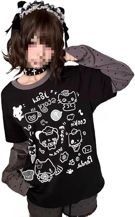 ZITEZHGO Cute Cat Y2K Shirt for Women Girls Teen Long Sleeve Kawaii Patchwork Clothes Tops