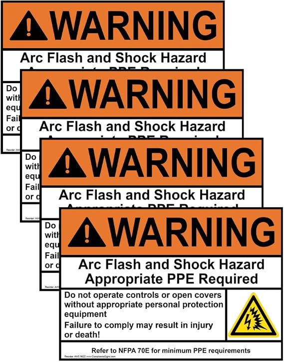 WARNING Arc Flash And Shock Hazard Appropriate PPE ANSI NFPA 70E Label Decal, 5x3.5 inch 4-Pack Vinyl for Electrical, American Made Safety Signs for the Workplace