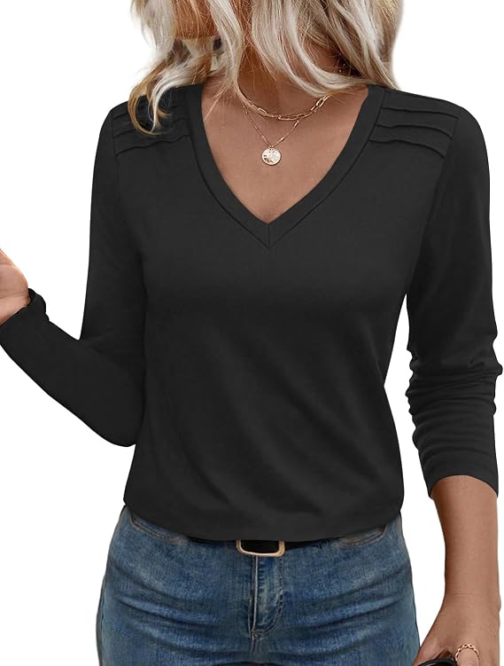 JUSTFASHIONNOW Pleated Long Sleeve Shirts for Women V Neck Dressy Casual Business Blouses Fall Tops 2025 Trendy