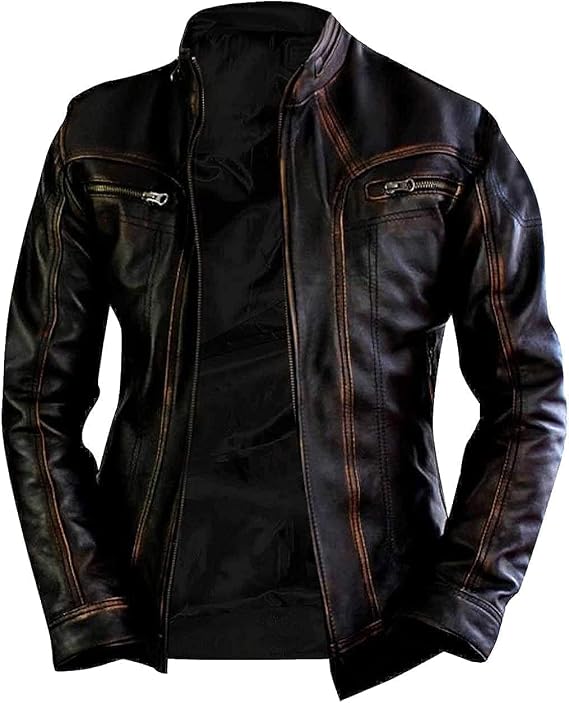 Mens Cafe Racer Leather Jacket - Genuine Lambskin Leather Biker Style Mens Vintage Motorcycle Jacket