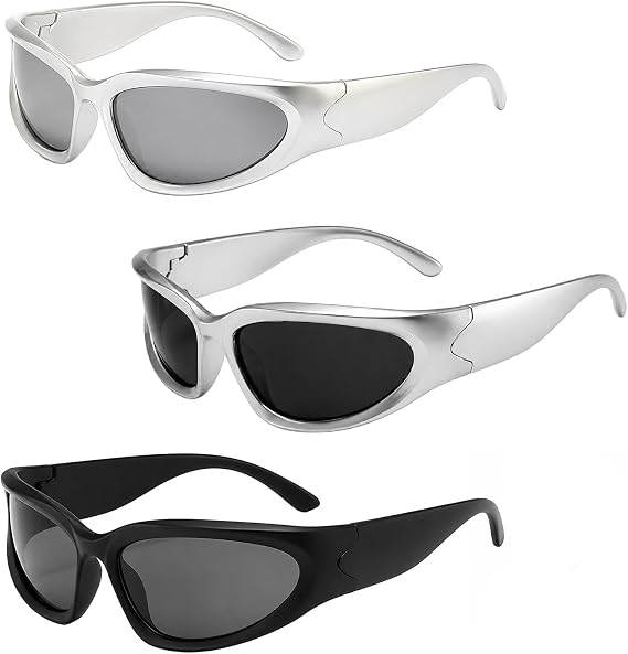 3 Pieces Sunglasses Men & Women, Retro Oval Wrap Around Sunglasses, Silver Sunglasses for Men and Women, Y2K Style Eyewear for Events, UV400 Cool Glasses for Outdoor, Party, Festival