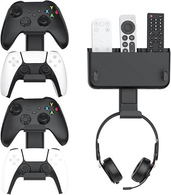 Controller & Headset & Remote Holder Wall Mount with No Drill, 2 Packs Gaming 4 Controllers Hanger Hook Mount for PS5PS4XBOXSwitch, Headphone Stand & Remote Control Holer Wall Shelf with Adhesives