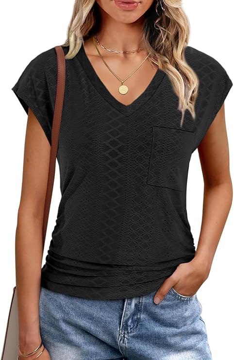 BKRIVE Eyelet Womens Tops Cap Sleeve V Neck T Shirts for Women Summer Shirts