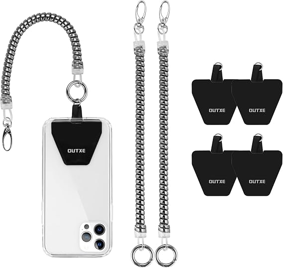 OUTXE Phone Lanyard Tether with 4 Patch- 2 Phone Tether, 4 Phone Patch with Adhesive, Compatible with Smartphone- Silver