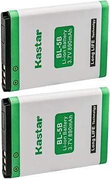 Kastar BL-5B Battery 2-Pack Replacement for Nok 6101, 6120 Classic, 6121 Classic, 6124 Classic, 6230, 7260, 7360, N80, N80 Internet Edition, N83, N90