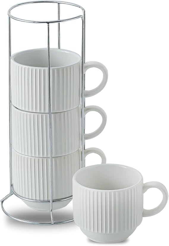 Stackable Coffee Mugs Set of 4 with Stand, Ceramic 15oz Coffee Cups, White