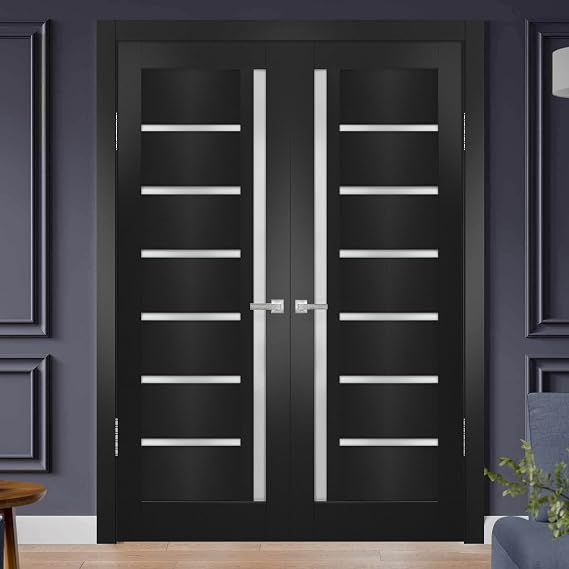 SARTODOORS Quadro 4088 Interior Doors 36 x 96 in, Black Matte Frosted Glass Solid French Double Door, Solid MDF Core, Frame and Satin Nickel Hardware Included