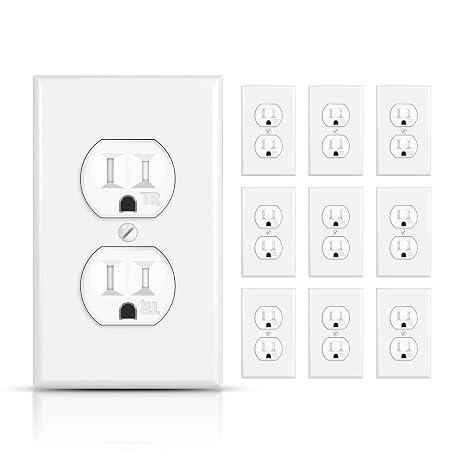 TOPELER 10 Pack Duplex Receptacle Outlets with Wall Plate, Tamper Resistant, 15A/125V/1875W Electrical Power Socket for Residential and Commercial, Self-Grounding, 2-Pole, UL Listed, White