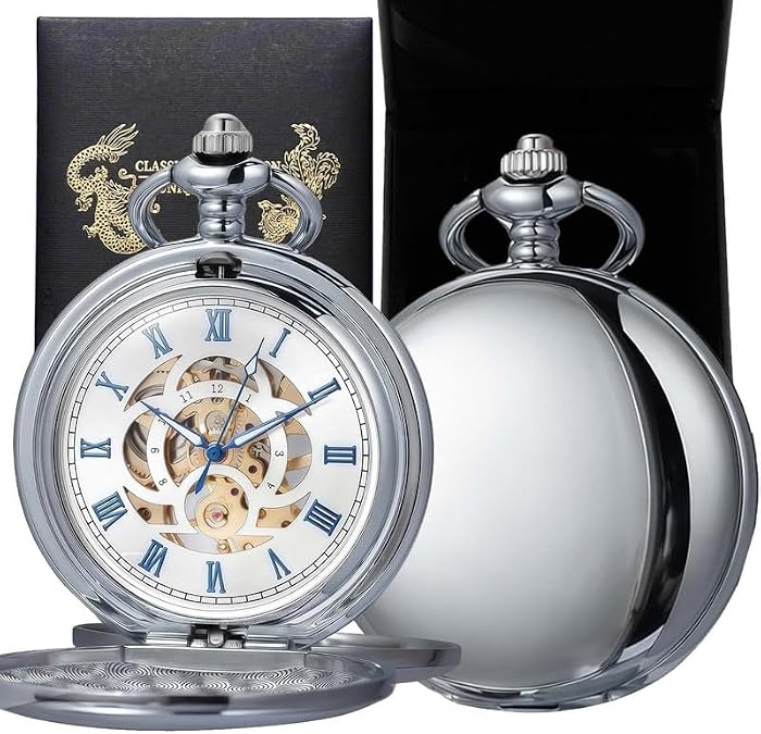 Mechanical Pocket Watch with Chain Retro Smooth Classic Handwind Roman Numerals for Men & Women