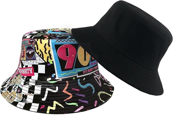 BelleVive Bucket Hat Retro 80s 90s Style Fashionable Unisex Reversible Fishing Hat Double-sided Sun Hat Packable Sun Cap Rave Party Outfit Accessories for Women Men, Style 3