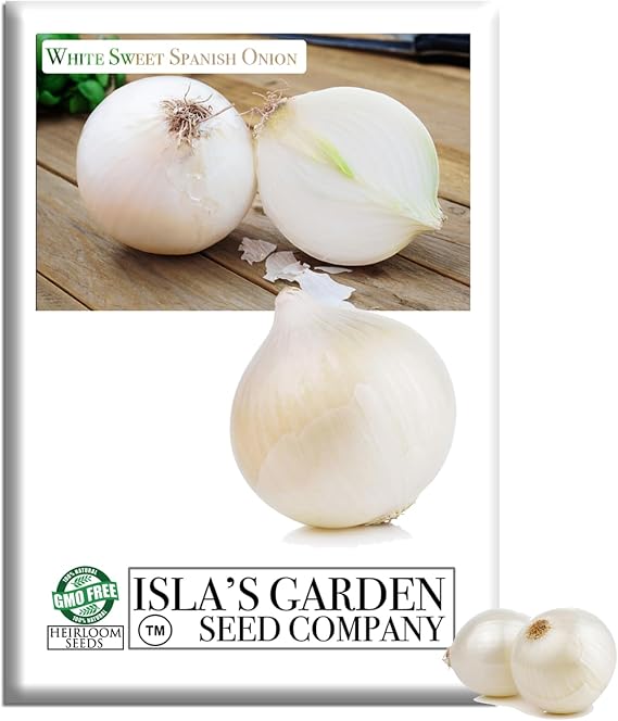 White Sweet Spanish Onion Seeds (Allium cepa) 500+ Non-GMO Heirloom Seeds by Islas Garden Seeds, Mild & Crisp Flavor, Large Globe-Shaped Bulbs, Ideal for Slicing, Salads & Cooking, Garden Gift Idea