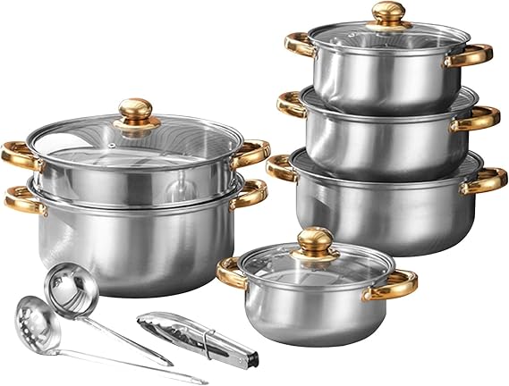 14pcs Kitchen Cookware Set,Stainless Steel Induction Hob Nonstick Pot Setwith Glass Lids and Stay-Cool Handles,Includes Saucepans,Stockpot,Frying Pan,Steamer for Cooking with Kitchen Utensil Sets | Includes saucepans, stockpot, frying pan, steamer, and kitchen utensils. Features stay-cool handles with tempered glass lids.