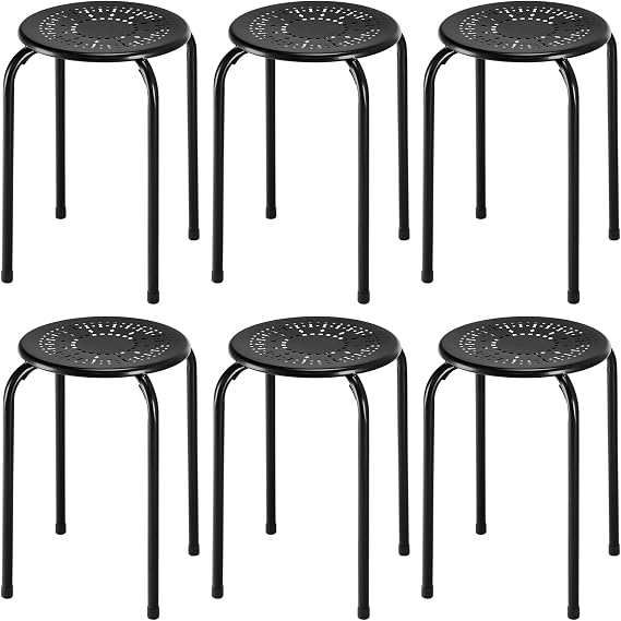 COSTWAY 6-Pack 17.5-Inch Stackable School Stools for Students, Black | Portable Backless Steel Stack Stools with Daisy Design, Round Classroom Decoration Stools Set of 6 for Kids Children