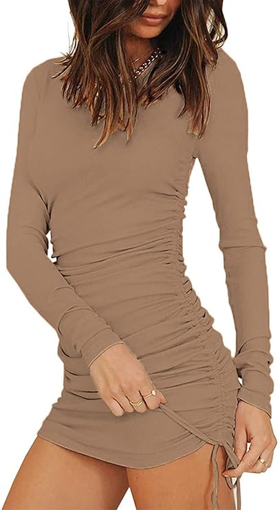 BTFBM Women Ruched Bodycon Drawstring Fall Dress Plain Solid Crew Neck Long Sleeve Casual Stretch Knit Tight Short Dresses