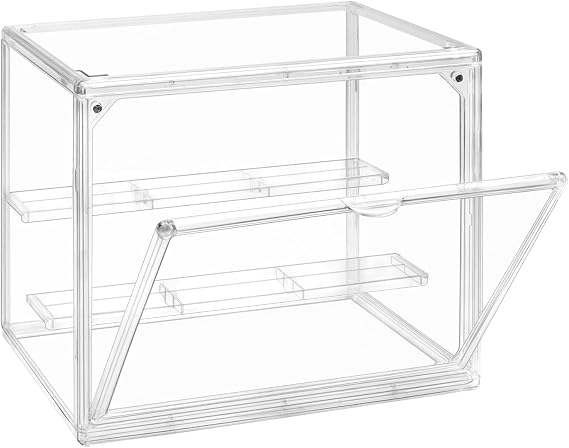 TSKDKIT Acrylic Display Case with Removable 2-Tier Shelves, Clear Display Box Dustproof Display Case with Openable Door for Figures, Models & Crafts, Easy to assemble, 27 x 22 x 18cm