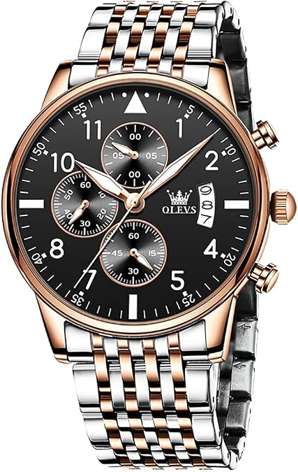 OLEVS Men Watches with Date Bussiness Watches for Male Luminous Quartz Mens Watches Waterproof with Stainless Steel Strap Stopwatch Timing Function (Rose case Black dial)