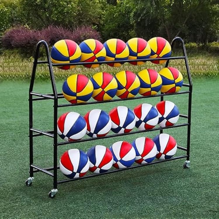 Football Rack Ball Organizer,Ball Storage with Wheels Basketball Racks for Storage 4 Tier Black White Storage Equipment Organizer Sports Rack Rolling Basketball Cart for Garage Indoor SchoolBlack
