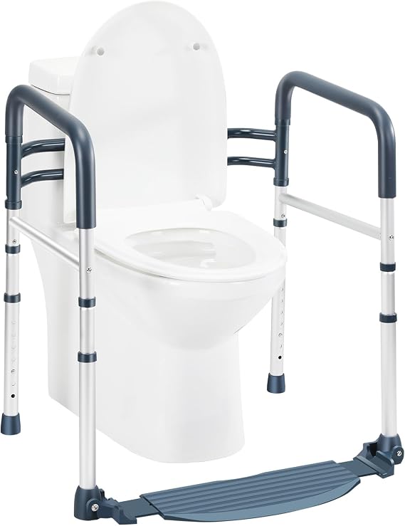 Lianjindun Toilet Safety Rails with Footrest, 350 lbs | Adjustable Height & Width, Fits Most Toilets, Aluminum, Folding & Portable Toilet Handles for Elderly, Disabled, Handicap