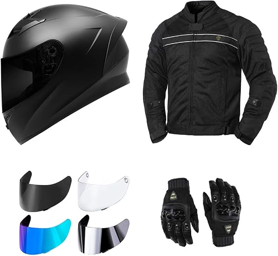 GDM Motorcycle Protective Gear Bundle (Starter Pack) - Helmet, Jacket, Gloves, Shields