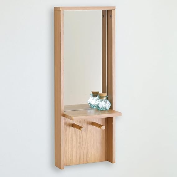 Yamazen FWM-6020 OAK Wall Shelf, Wall Mounted, Mirror, Rectangular, Key Hook, Wall Mounted, Storage, Rack, Shelf, Width 8.7 x Depth 5.7 x Height 23.6 inches 22 x 14.5 x 60 cm, Art Wall Unit, Space Saving, Assembly, Oak