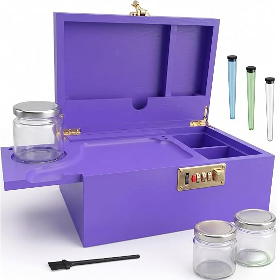 Large Purple Bamboo Storage Box, Decorative Lockable Container with Hinged Lid & Removable Compartments