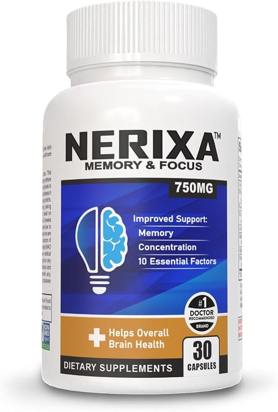 NERIXA Memory Brain Support Supplement (30ct) - Clinically Tested to Support Memory, Mental Clarity, Concentration, Focus - 10 Essential Factors, Phosphatidylserine Complex (30 Capsules)