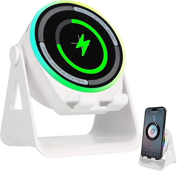 Induction Speaker with Phone Holder - Wireless Charging Stand with Bluetooth Speaker & Atmosphere Lights, Multi-functional Phone Stand Compatible with iPhone Android for Home Office (White)