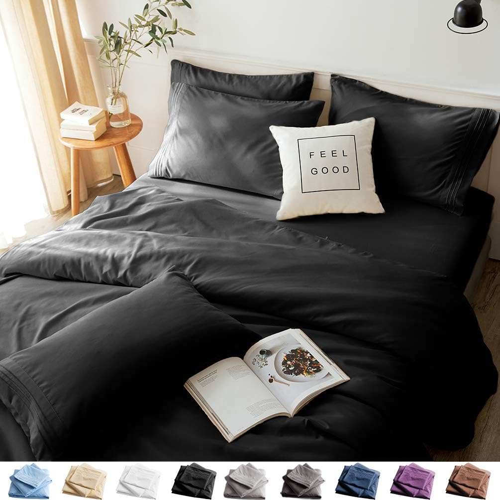 LBRO2M Bed Sheets Set King Size 6 Piece 16 Inches Deep Pocket 1800 Thread Count 100% Microfiber Sheet,Bedding Super Soft Comforterble,Wrinkle Cool Warm,（Black