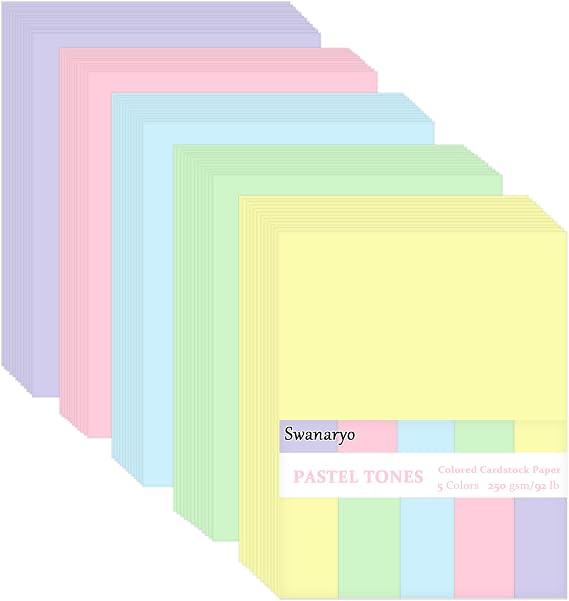 Pastel Card A4, 100 Sheets 5 Colours Rainbow Coloured Card 92lb/250gsm for DIY Crafting Scrapbook Decoration