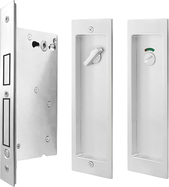 Pocket Door Lock,Modern Rectangular Pocket Door Hardware, Finger Flush Pulls with Edge Pull for Pocket Doors, Sliding Doors,Folding Doors etc (Sliver, Indicator Privacy Lock)