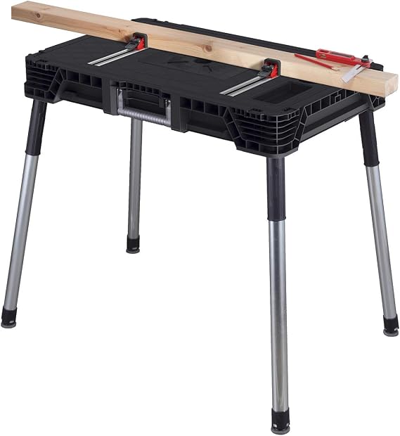 KETER Jobmade Portable Work Bench and Miter Saw Table for Woodworking Tools and Accessories with Included Wood Clamps Removable Table Legs for Easy Garage Storage