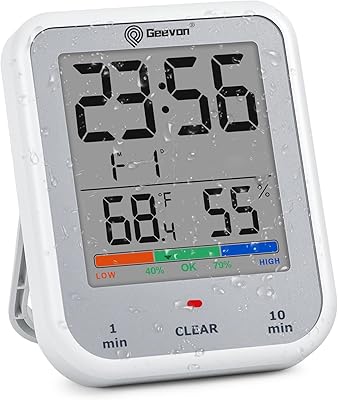 Geevon Digital Bathroom Clock, Waterproof Shower Timer with Large Touch Screen, Battery Operated Bathroom Wall Clock with Temperature & Humidity Display - Suction CupHanging HoleStand Silver