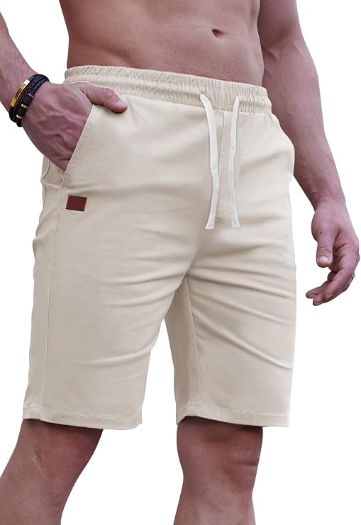 HUNGSON Mens Cargo Shorts Drawstring Classic Chino Stretch 9" Inseam Short with 6 Pockets