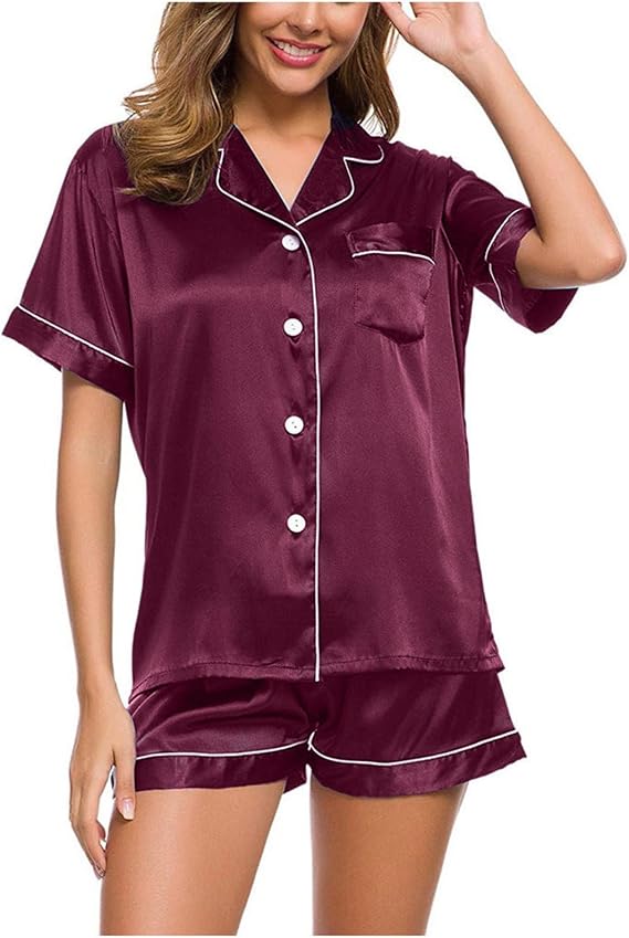 Silk Pajamas Womens Short Sleeve Sleepwear Soft Satin Button Down Shirts 2 Piece Pjs Shorts Set Silky Pj Loungewear