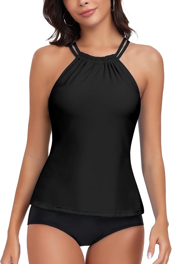 WOWENY Womens Swim Tankini Tops High Neck Bathing Suit Slim Fit Swim Tops UPF 50+ Tummy Control Swimsuits No Bottom