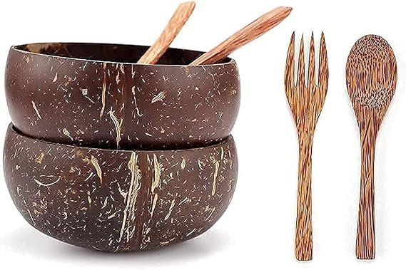 SUYOOULIN Coconut Bowls, Spoon and Fork Sets, Perfect for Smoothie Acai Bowls, Buddha Wooden Bowl Set Made From Coconut Shells, Dessert Bowl for Family, 6 Sets
