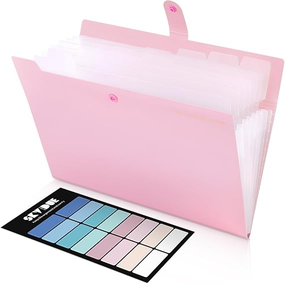 SKYDUE A4 Document Folder Expanding Folder with 8 Compartments Folder with Inner Pocket File Folder Folder for School Office Study and Home Robust PP Plastic (Light Pink)