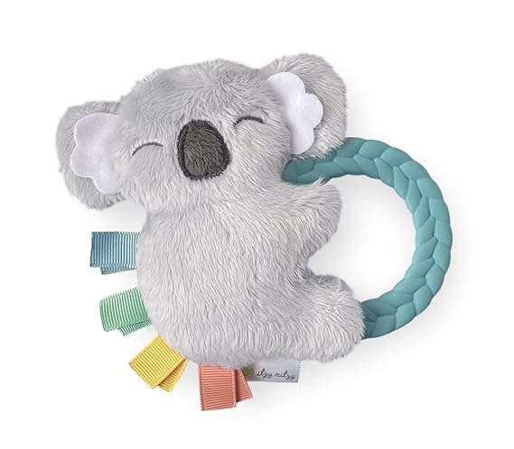 Itzy Ritzy Rattle Pal Teether, Plush Baby Rattle Toy with Teether (Koala) | Minky Plush Character, Gentle Rattle Sound, Textured Ribbons & Braided Teether Ring for Sensory Play and Teething Relief