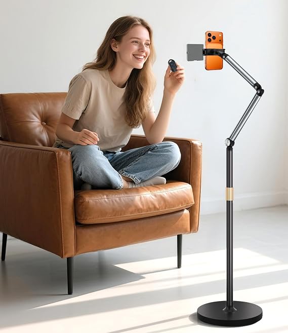 Phone Floor Stand, Cell Phone Stand with Flexible Arm for Bed, 69" Height Adjustable iPhone Stand, Stable Overhead Tripod with 360Rotatable Phone Holder & Remote for Recording, Sofa, Desk