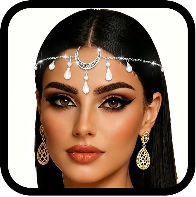 Indian Head Chain for Women Vintage Crescent Moon Crystal Bridal Headpieces Festival Goddess Witchy Forehead Jewelry