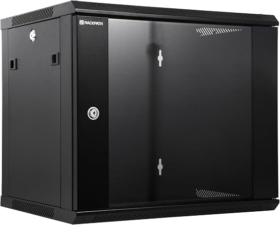 RackPath 9U Wall Mount Network Rack Cabinet Quiet Cooling Fan, Locking Glass Door, 17.7" Deep (450mm), Removable Locking Side Panels, Fits 19" IT & A/V Equipment