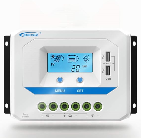 EPEVER Solar Charge Controller 10A 12V/24V Auto Work, Solar Panel Solar Charge Controller PWM Regulator with LCD Display and USB 5V Output, for Lead-Acid Gel Sealed Flooded Battery