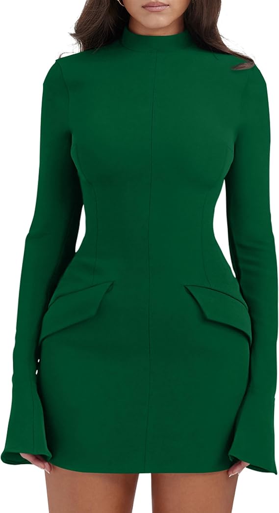 YMDUCH Women's Long Sleeve Mock Neck Bodycon Mini Party Dress