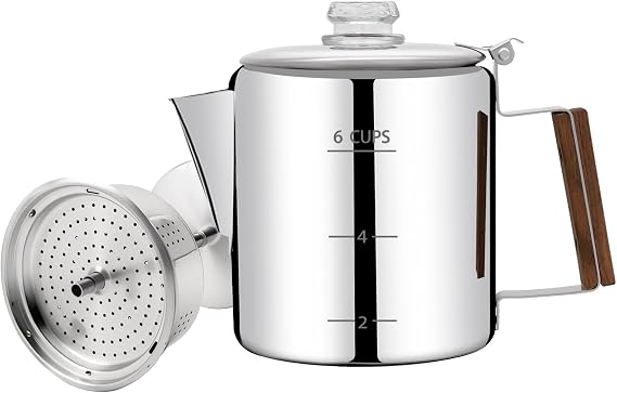 No Coating 6 Cup Percolator Coffee Pot 304 Stainless Steel | Moka Pot Stovetop Espresso Maker Italian Greca Cuban Machine 1000ml 33.8oz Suitable for Gas Induction Stovetop Camping Kettle