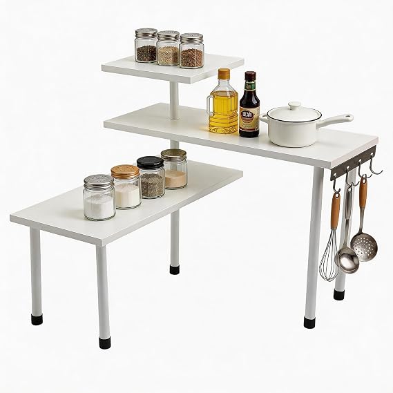 3 Tier Corner Shelf Countertop Organizer, 4 Side Hooks, Wood Metal Moveable