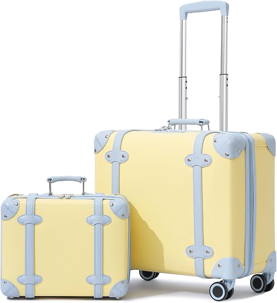 Vintage Carry On Luggage Set with Wheels for Women, Retro Trunk Style PU Leather Suitcase with Matching Vanity Case, 14 & 18 Set